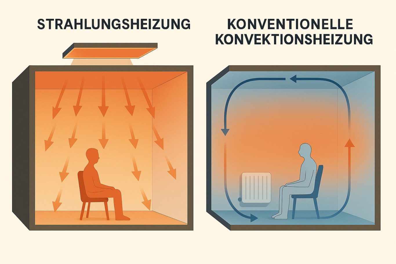 Das Rechte ist die Konvektionsheizung, im Gegensatz dazu links die Infrarotheizung als Deckenheizung mit natürlicher Strahlungswärme