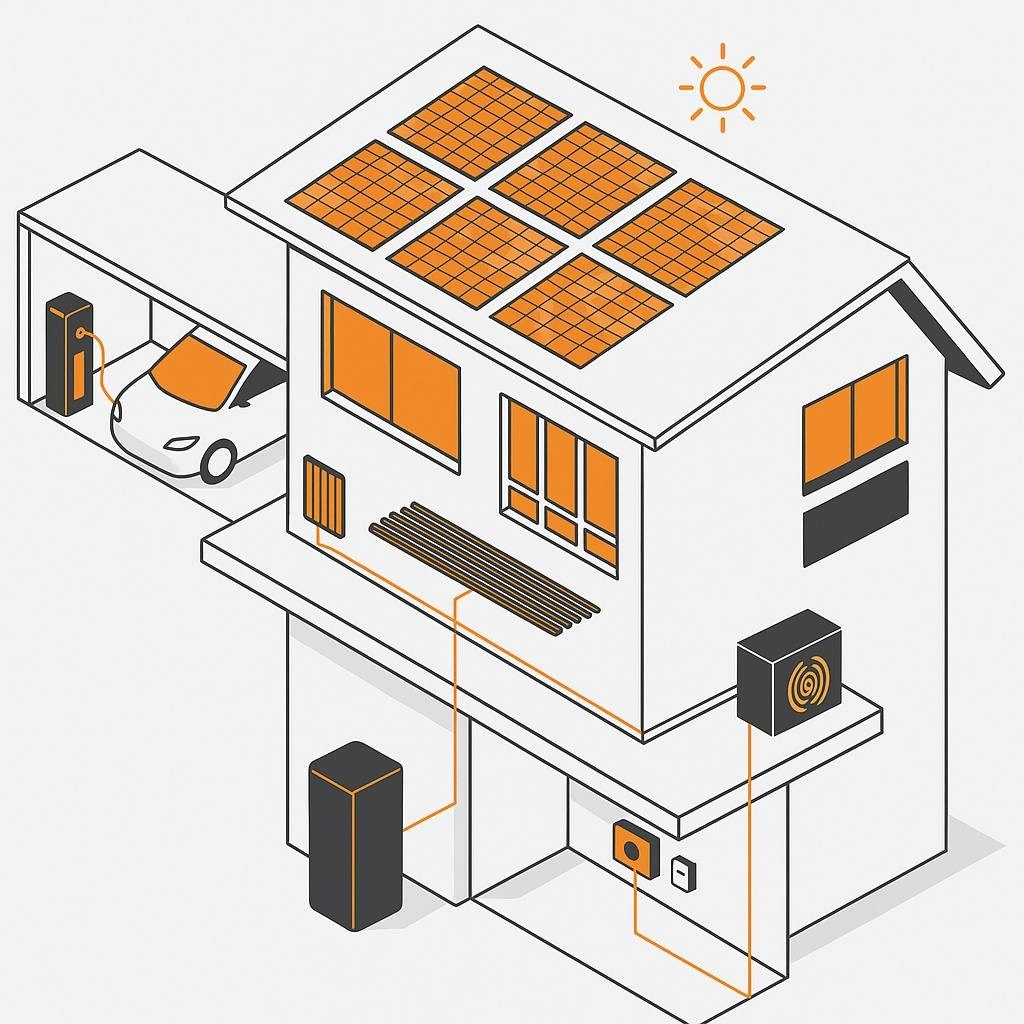 Modernes Energiehaus Beispiel mit PV, Stromspeicher mit Wärmepumpe und Wallbox