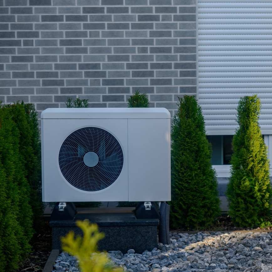 Luftwärmepumpe Außeneinheit im gepflegten Garten mit Sträuchern und Steinen